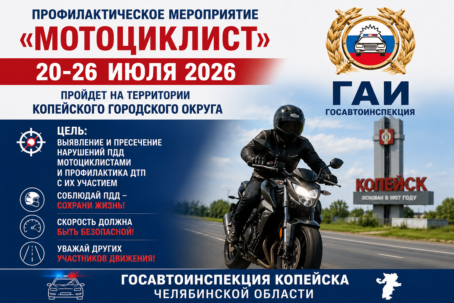 В Копейске проходит профилактическая акция «Мотоциклист»: Госавтоинспекция усиливает работу по выявлению нарушений ПДД мотоциклистами